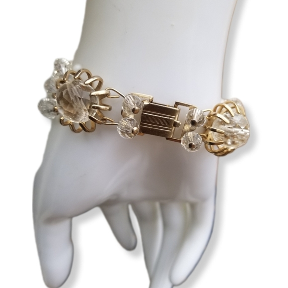 VINTAGE FACETED GLASS CRYSTAL BEAD & GOLDTONED CHAIN STATEMENT BRACELET - Picture 3 of 8